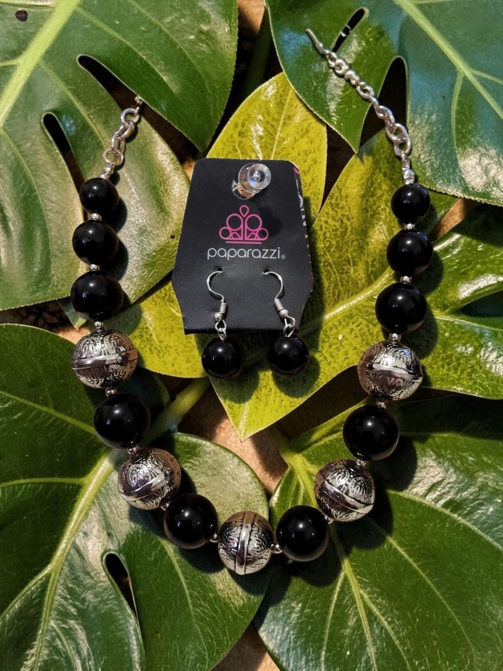 paparazzi Black and Silver Beaded Necklace with Matching Drop Earrings